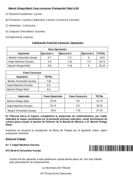 Banda Musica resultados oposicion 2