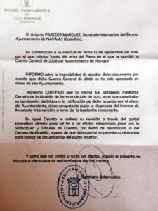 Documento del ayuntamiento de Navajas.