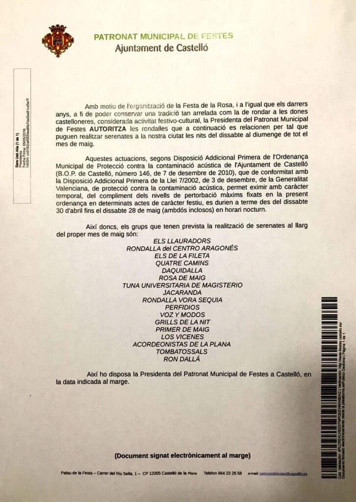 Permiso Fiesta Rosa  Castellón 2016