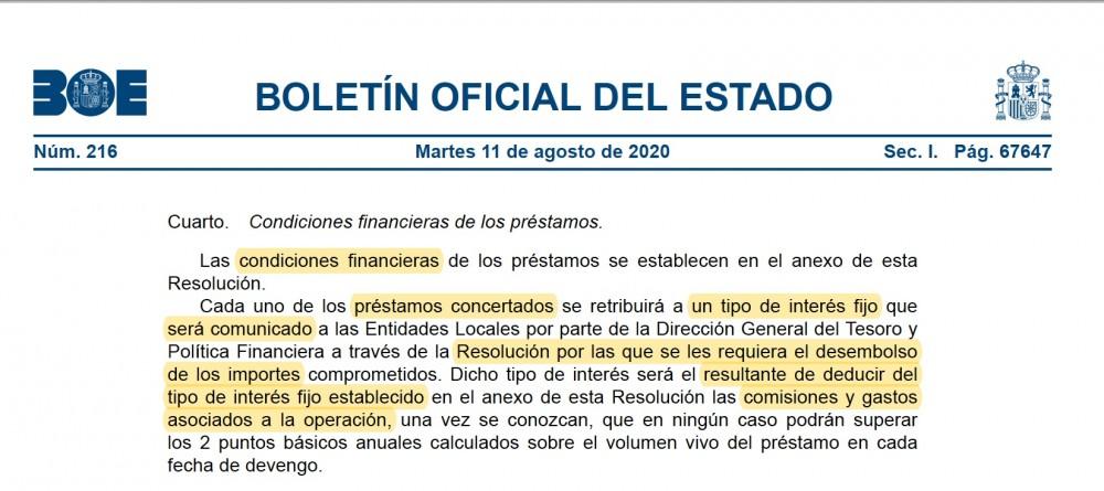 Boe 110820 condiciones financieras prestamo al Gobierno