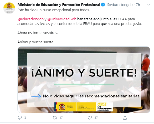 Ministerio educación- tweet EBAU 2020