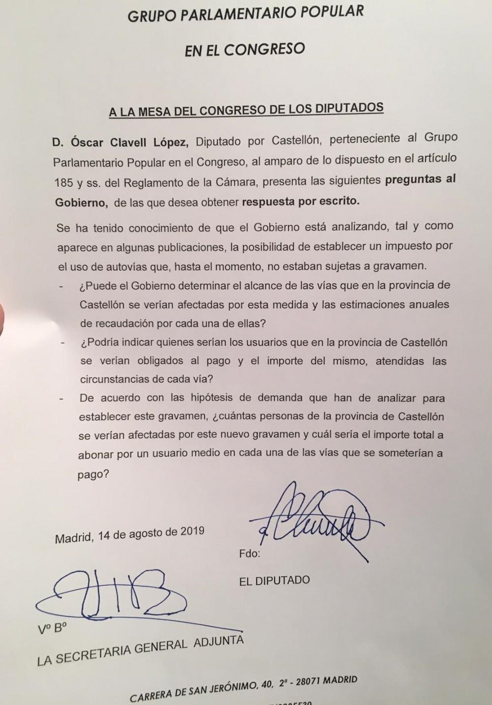 Pregunta al Congreso peajes blandos Óscar Clavell