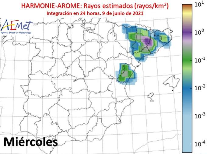Rayos estimados para este miércoles en Castellón