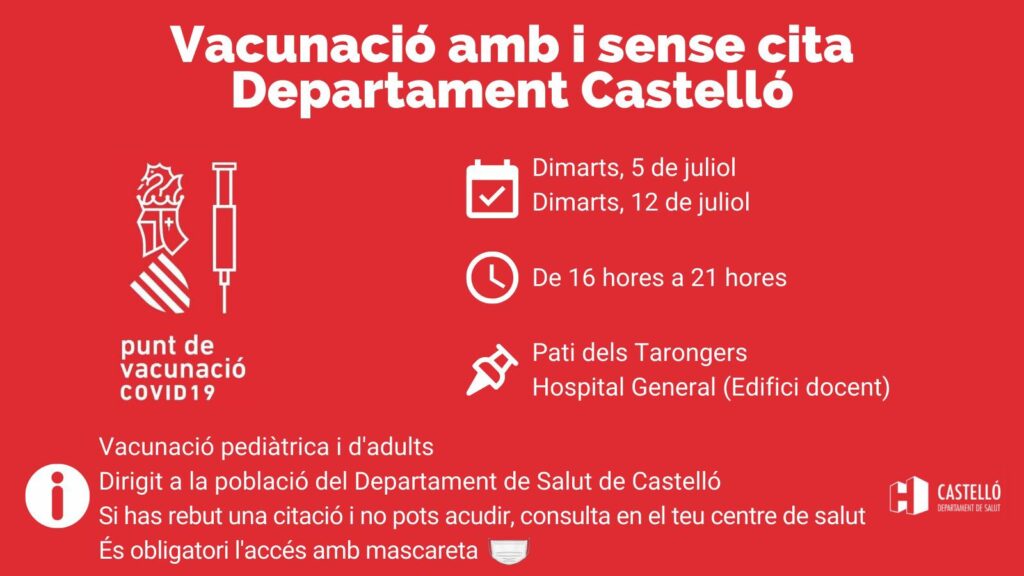 Castellón vacunación covid sin cita 04-07-22
