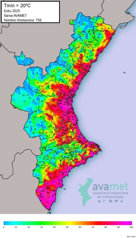 Mapa Avamet de noches tórridas en verano de 2025