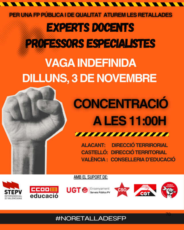 El professorat expert i especialista inicia vaga indefinida el 3 de novembre amb concentracions a Castelló