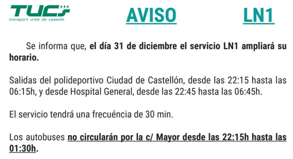 Linea Uno transporte Nochevieja Castellón 2025
