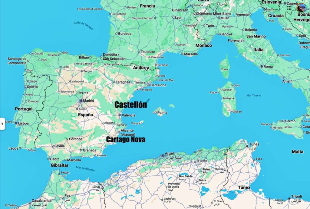 Mapa de España con Cartago Nova (Cartagena)