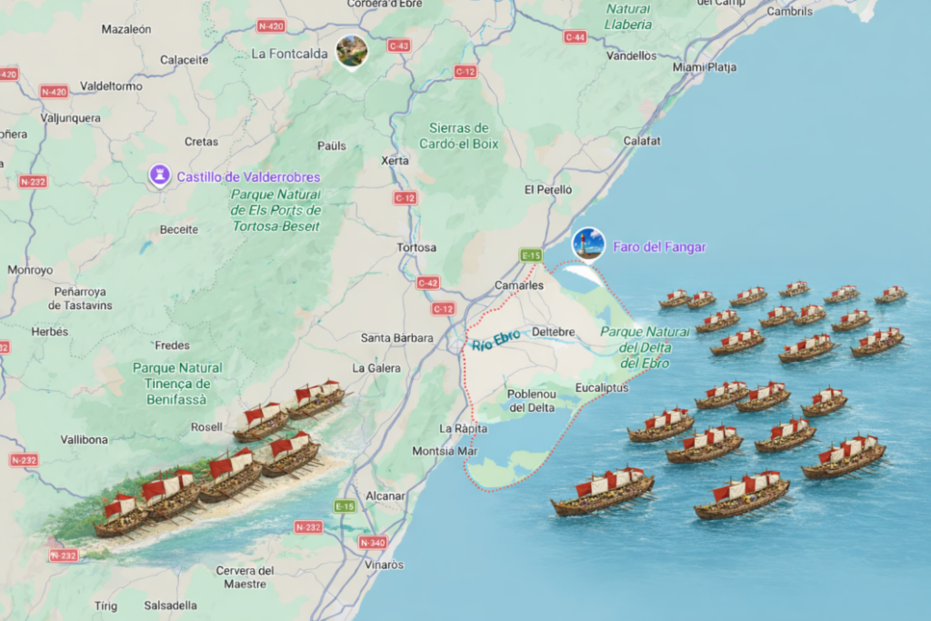 simulación ataque romano a la flota cartaginesa Batalla del Ebro 217ac