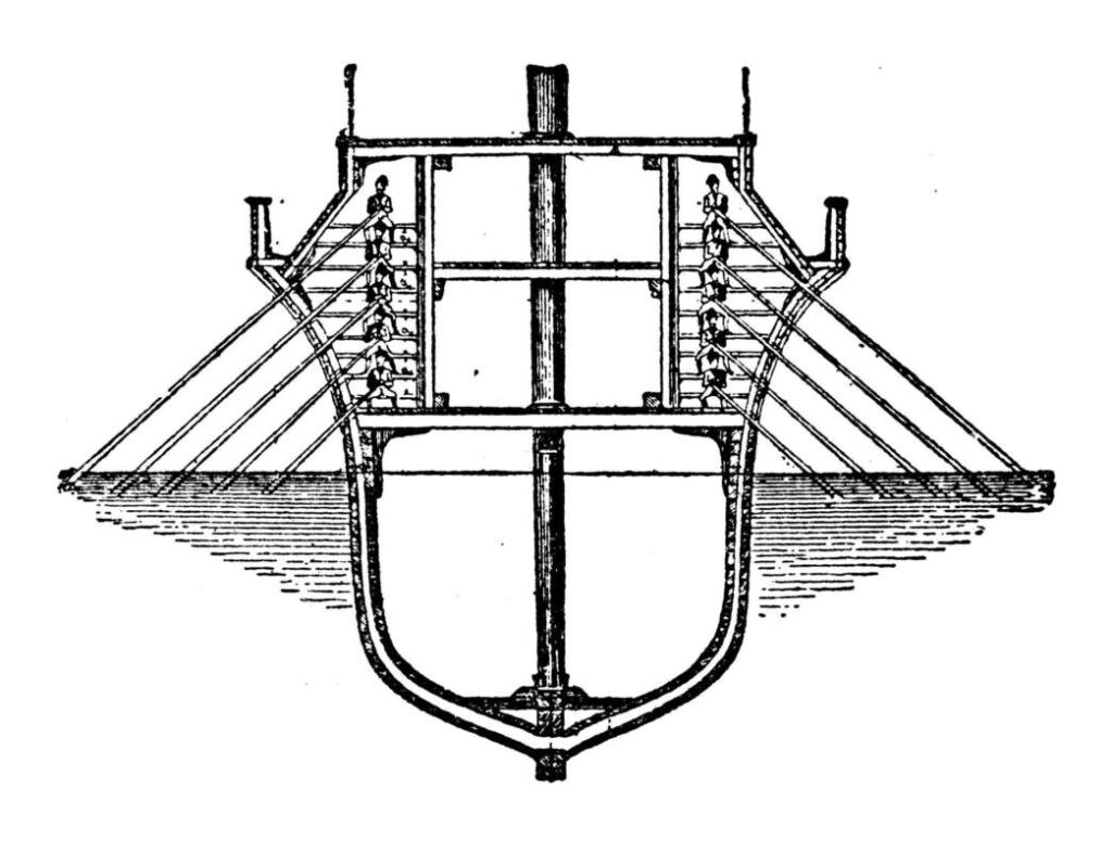 Quinquerreme romana con el corvus en la proa