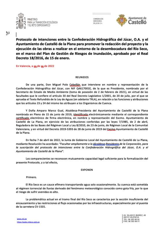 Protocolo de intenciones Ayuntamiento de Castellón y CHJ Río  Seco 2022