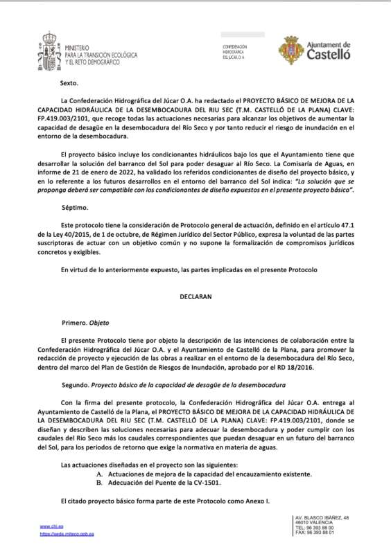 Protocolo de intenciones Ayuntamiento de Castellón y CHJ Río  Seco 2022