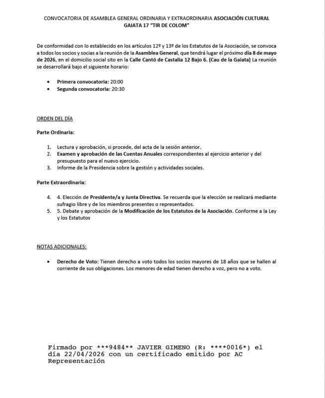 Convocatoria asamblea Gaiata 17 Tir de Colom 8 de mayo 2026