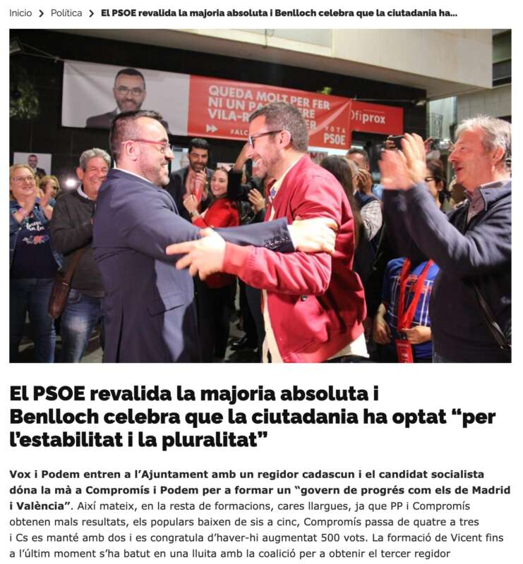 Benlloch revalida la majoria absoluta. Vila-real Informació 2019