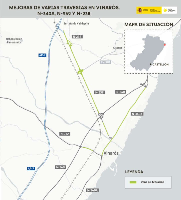 Mapa de situación de mejoras de travesías en Vinaròs (N-340A, N-238, N-232) con las zonas de actuación en verde; inset de España mostrando Castellón.