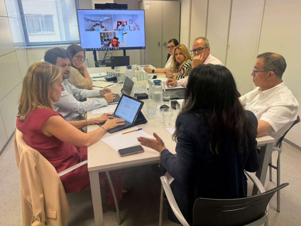 Nine professionals around a conference table in a bright room, laptops open and a large monitor showing a video call with remote participants.