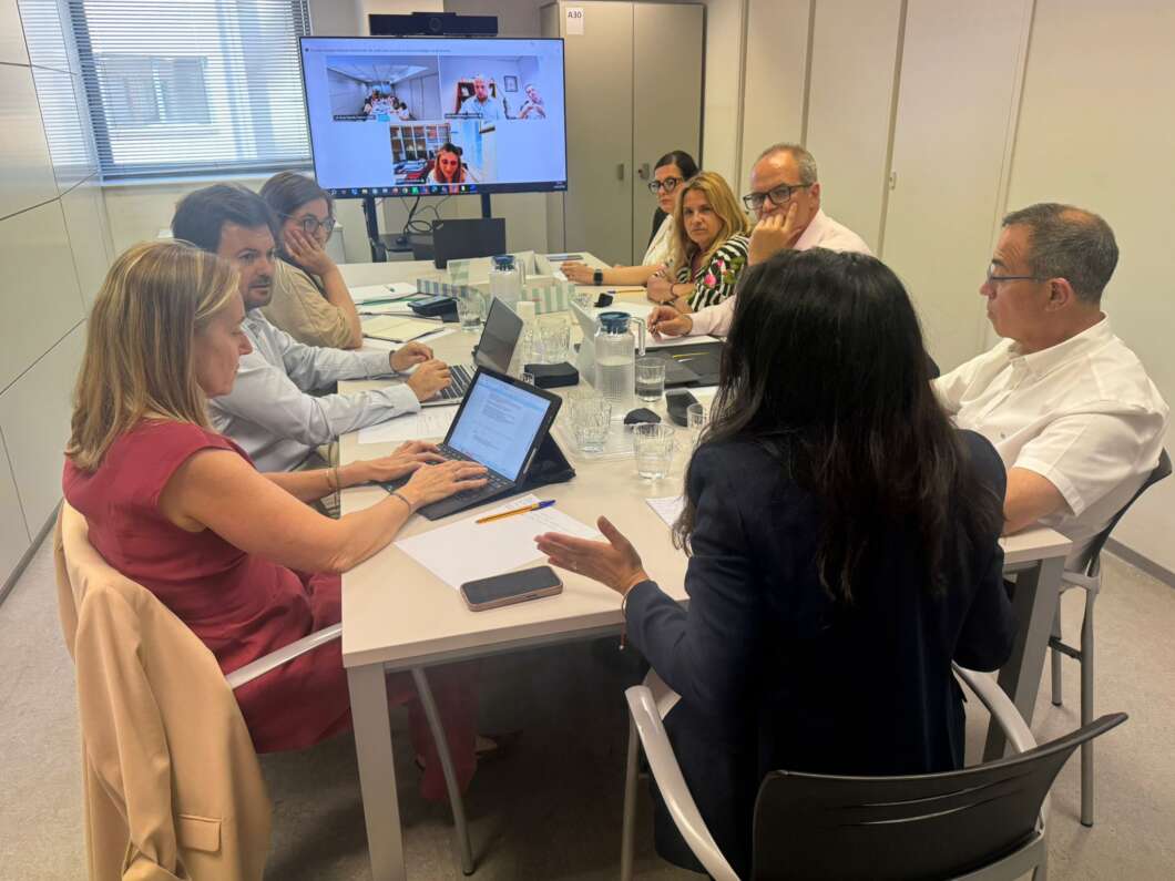 Nine professionals around a conference table in a bright room, laptops open and a large monitor showing a video call with remote participants.