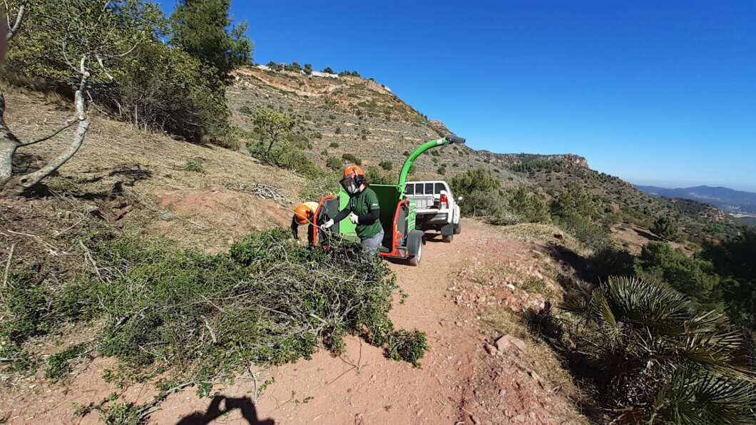 Trail workers in orange helmets operating a green brush-mulching machine on a rocky mountain trail with a pickup behind them; clear blue sky above.