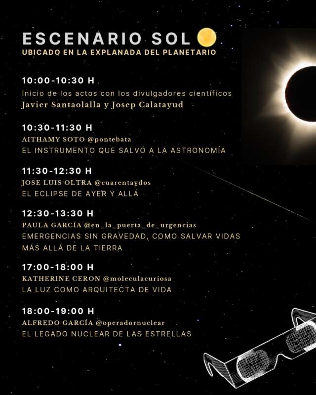 Programa del Escenario Sol: lista de charlas sobre astronomía en la explanada del planetario, con horarios y ponentes en español.