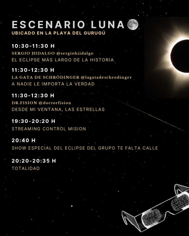 Cartel de Escenario Luna: programa del eclipse con horarios y ponentes en la playa del Gurugú.