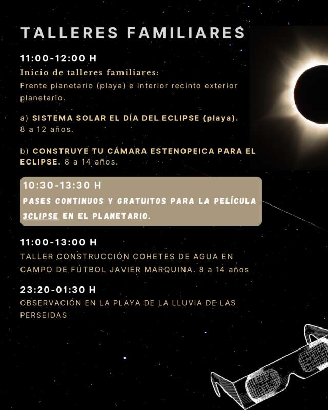 Cartel de talleres familiares: horarios y actividades en un fondo oscuro con eclipse; contiene textos sobre inicio de talleres, experiencias para niños y observación en playa.