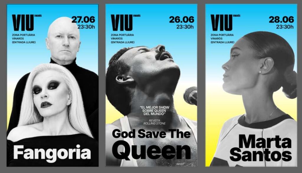 Poster 1: Fangoria event — black-and-white portrait of a woman with bold 'Fangoria' text at the bottom on a blue-to-yellow gradient background (poster layout).