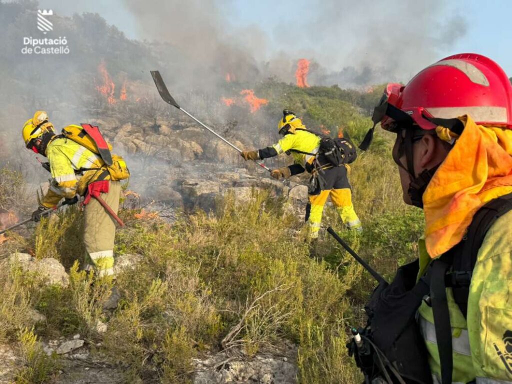 Firefighters in yellow gear and red helmets fight a wildfire on a rocky hillside with flames and smoke, logo in corner.