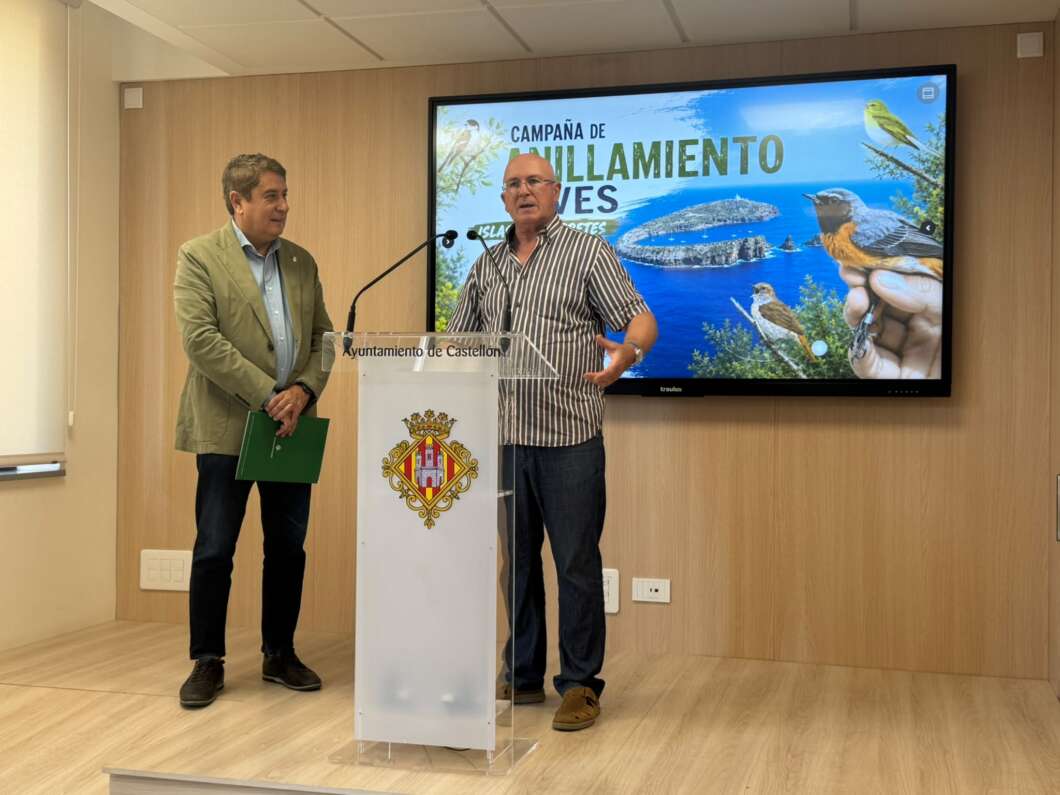 Two men at a podium in a council room; crest on the lectern and a large screen behind them shows a coastal campaign image.