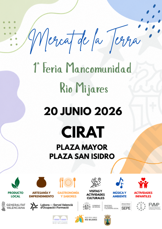 Cartel de Mercat de la Terra: 1ª Feria Mancomunidad Río Mijares, 20 de junio de 2026, CIRAT (Plaza Mayor y Plaza San Isidro).