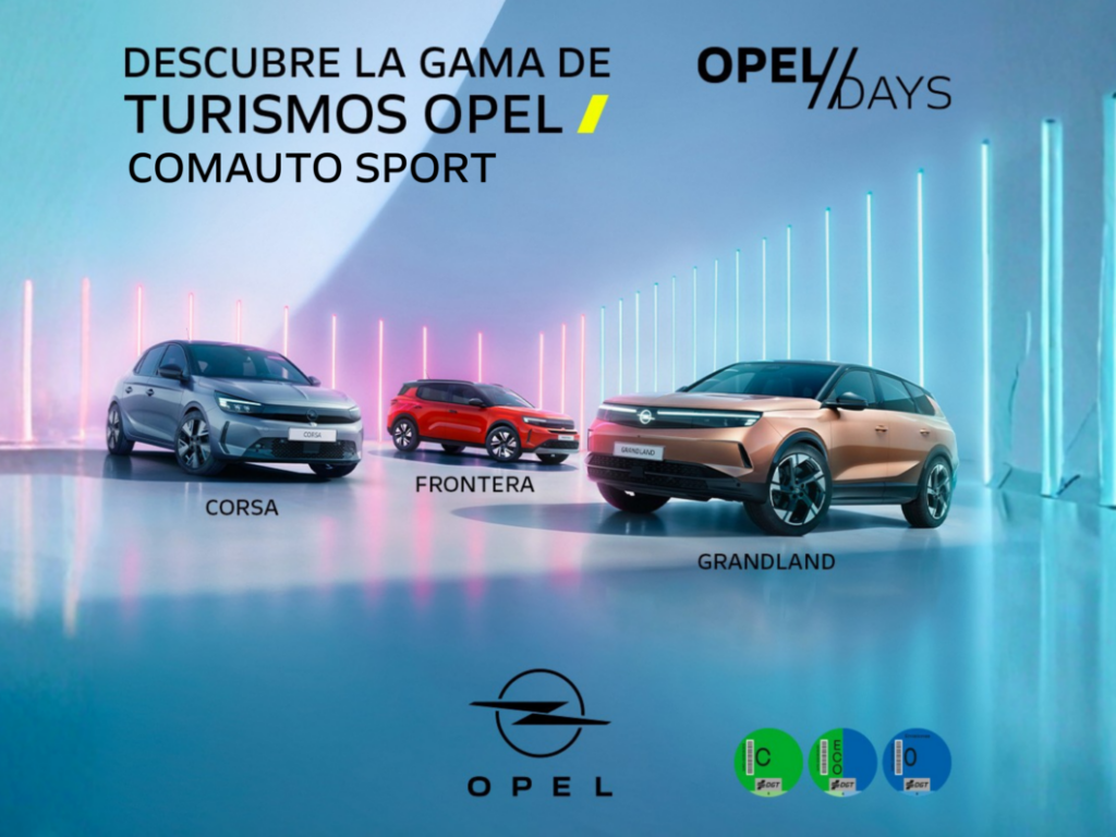 Opel car lineup on a neon blue stage: Corsa, Frontera and Grandland with Opel Days branding and logo in the scene.