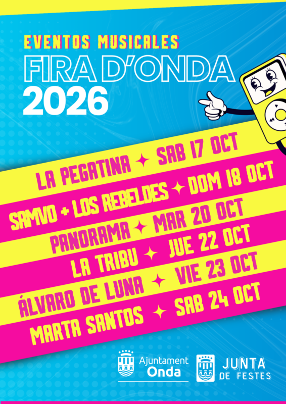 Bright poster for Fira d'Onda 2026 music events with dates and band names on yellow and pink diagonal banners, plus Ayuntamiento de Onda and Junta de Festes logos.