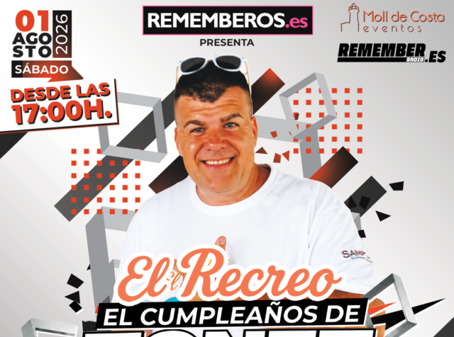 Promotional poster for El Recreo celebrating Tonet Marzá's birthday, presented by Rememberos.es, with date, time, and venue logos.