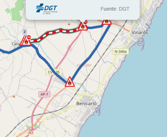 Mapa con carretera CV-138 cerrada por incendio entre Benicarló y Càlig (PK 2.0-7.0), todos los carriles y ambos sentidos, Castellón.