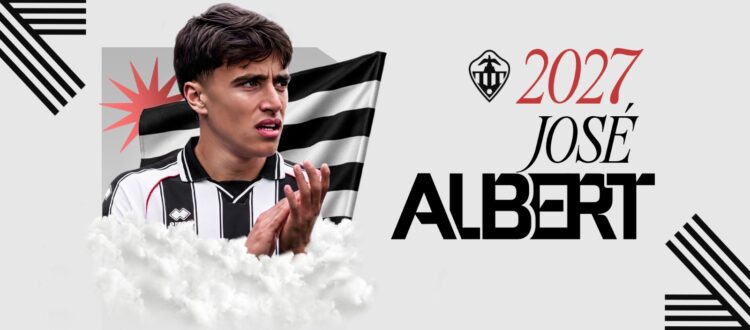 Young male soccer player in a black-and-white striped jersey with a waving flag behind him, white clouds at his feet, and the text '2027 José Albert' on a light gray background, suggesting a promotional poster.