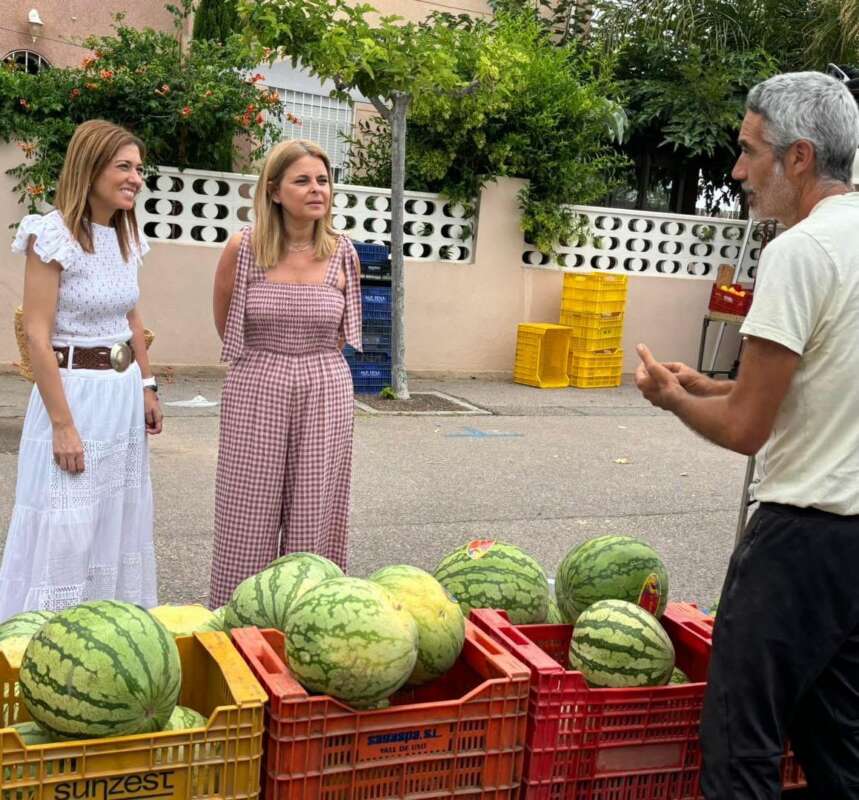 Three people stand by crates of watermelons at an outdoor market, two women facing a man who is speaking to them.