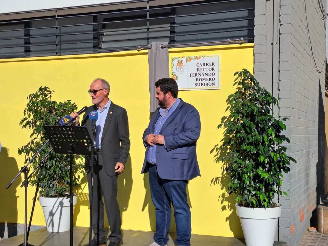 Two men in suits speak at a microphone stand outside a yellow wall, with potted plants nearby.