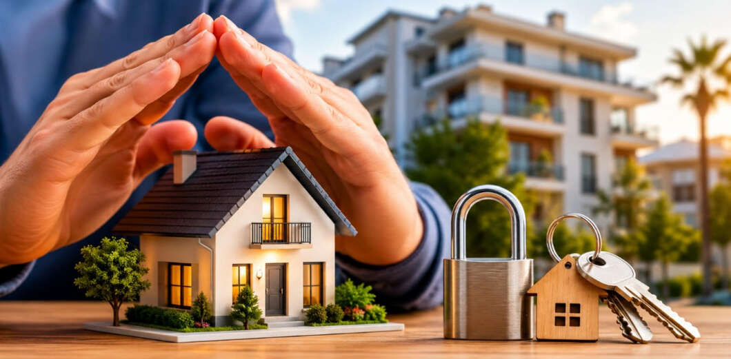 Hands form a protective shelter over a model house, with a padlock and keys on a wooden table in the foreground and an apartment building in the background, signaling home security.