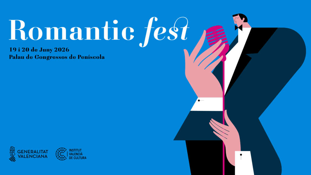 Event poster for Romantic Fest with a blue background, stylized dancers and a pink microphone, announcing dates June 19–20, 2026 at Palau de Congressos de Peníscola.