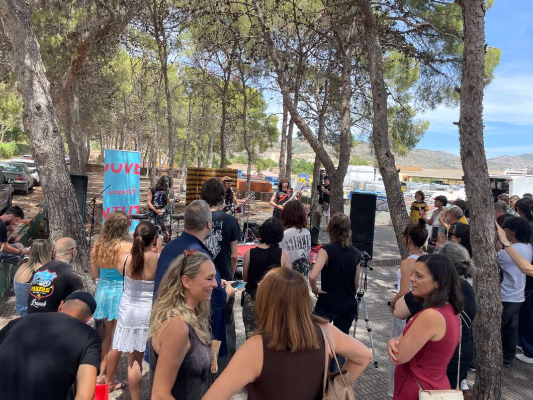 Outdoor concert under trees with a band playing on a small stage and a crowd watching nearby. - Musicians performing among tall pines, banner in the background, and people chatting and filming. - A live music event in a park setting.