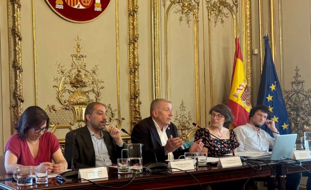 Panel of five people seated at a long table in an ornate gold-trimmed room with Spanish and EU flags in the background, speaking into microphones.