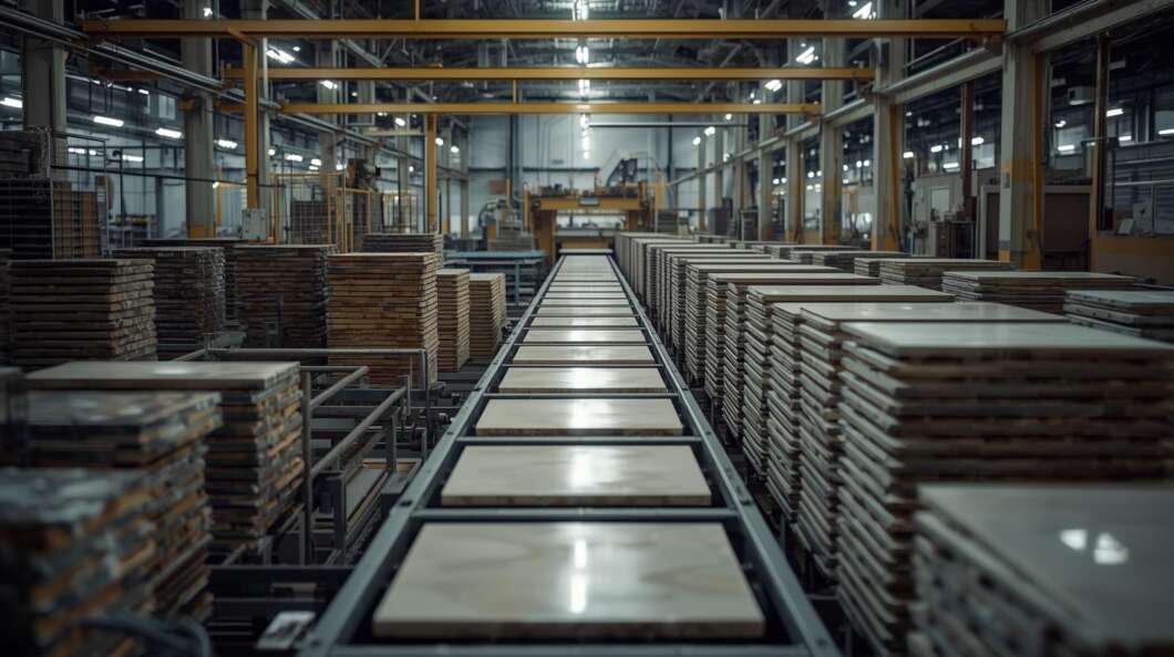 Industrial warehouse with stacks of wooden boards along a central conveyor belt