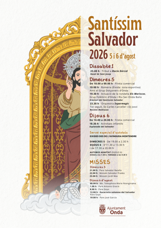 Poster advertising the Santíssim Salvador festival 2026 (Aug 5–6) with a gold ornate arch and saint figure on the left and the event schedule on the right.