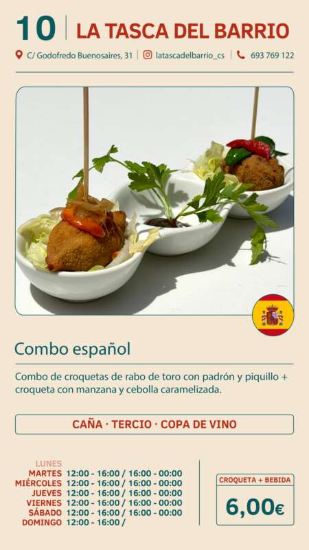 Menu card for La Tasca del Barrio: two bowls of croquettes with greens; Spain flag badge; 'Combo español' 6,00€.