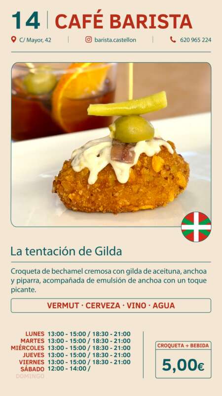 Crispy croqueta topped with white sauce and olives on a Café Barista flyer advertising 'La tentación de Gilda' (5€).