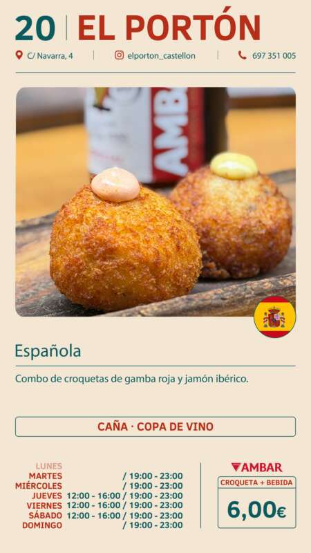 Close-up of two golden croquetas on a wooden board, shown on a Spanish restaurant menu card for El Portón with a small Spanish flag badge.