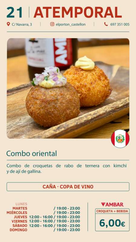 Two fried croquettes on a wooden board, topped with sauces, promoting the Combo Oriental at ATEMPORAL restaurant.