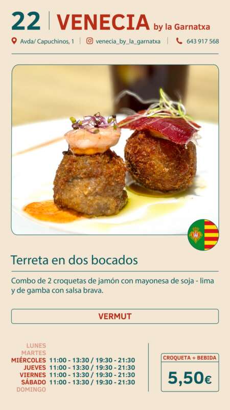 Two fried croquettes on a white plate, topped with shrimp and meat slices with microgreens and an orange sauce, part of the 'Terreta en dos bocados' dish on the Venecia menu.