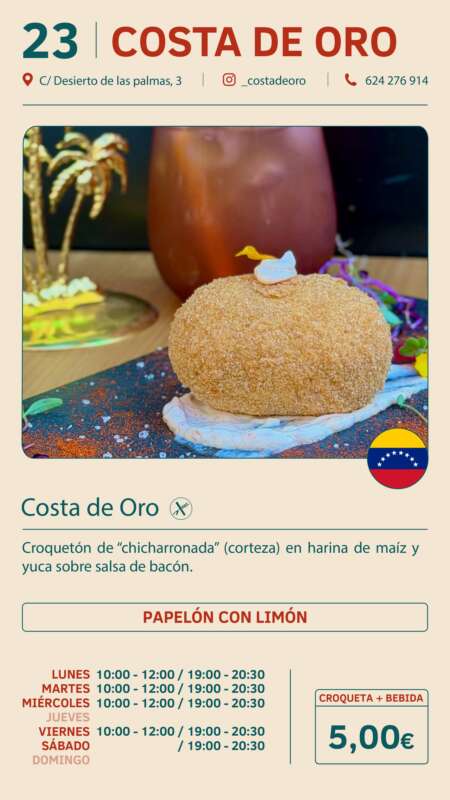 Promotional restaurant card for Costa de Oro showing a fried croquette dessert on a plate, palm tree decor in the background, with a small Venezuelan flag badge.