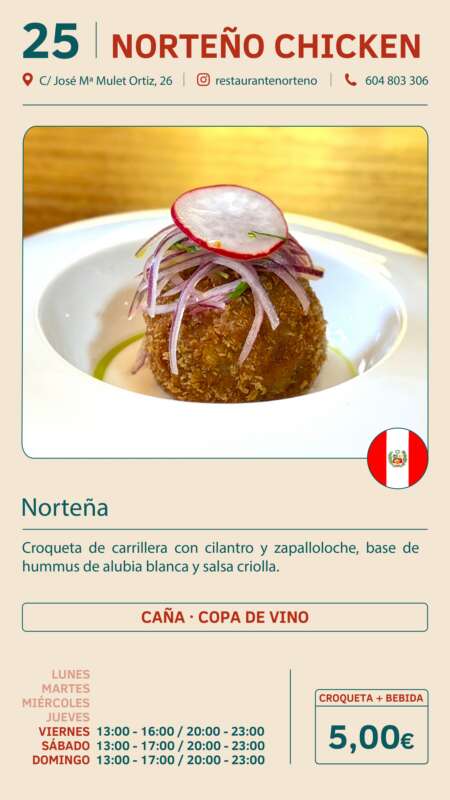 Crispy croquette topped with red radish slice and shredded onions on a white plate, served at Norteño Chicken restaurant.