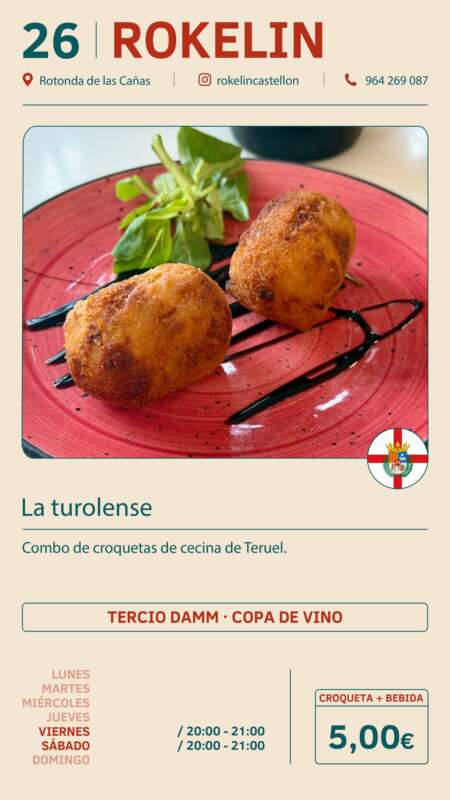 Two golden croquettes sit on a red plate with greens and a balsamic drizzle, part of the La turolense menu.